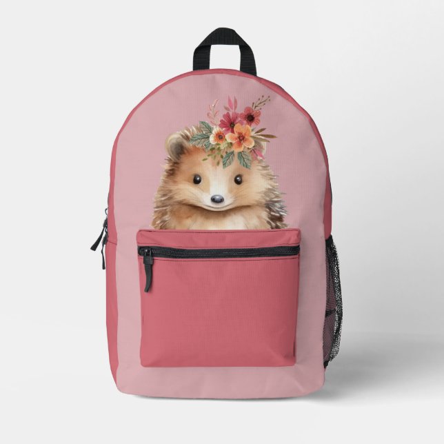 Pink Girly Hedgehog Printed Backpack (Front)