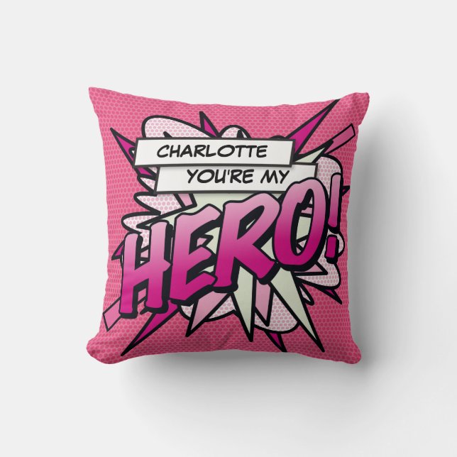 Pink Girly HERO Funny Modern Cool Comic Book Cushion (Front)