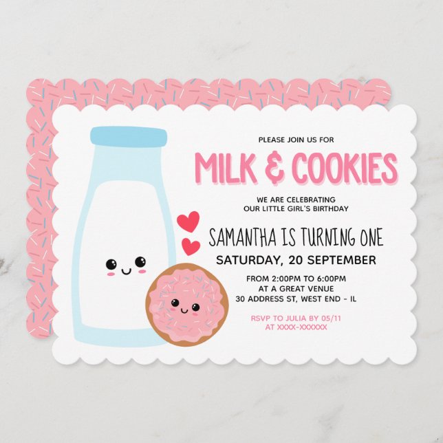 Pink Girly Kawaii Milk And Cookies Birthday Invitation (Front/Back)