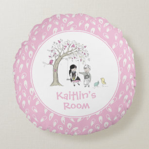 Pink Girly Kids Birds Tree Swing Personalized Round Cushion