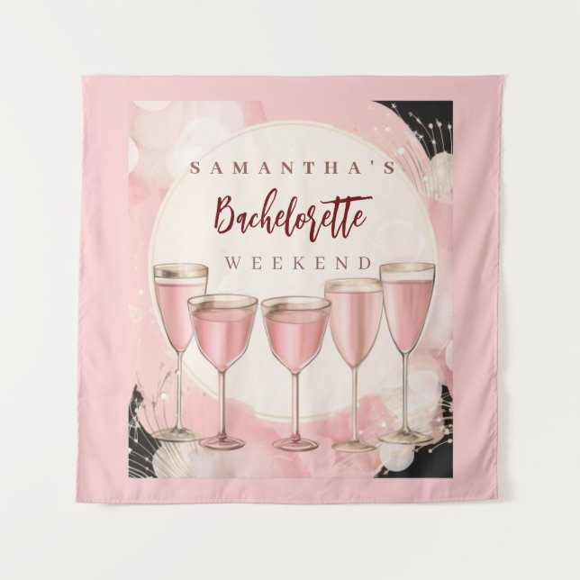 Pink girly modern champagne bachelorette weekend tapestry (Front)