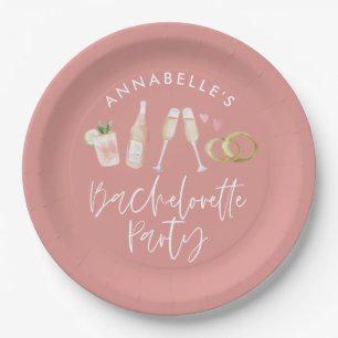 Pink girly modern cocktail script bachelorette pap paper plate