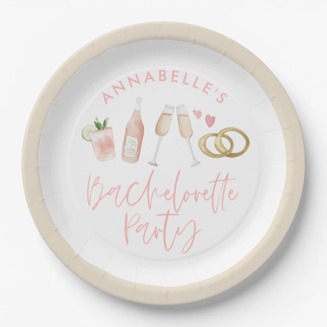 Pink girly modern cocktail script bachelorette pap paper plate (Front)