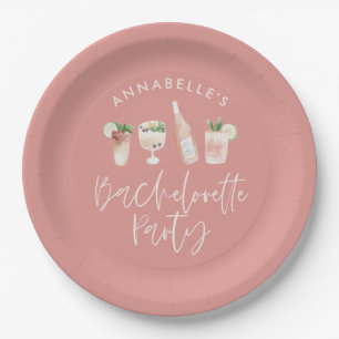 Pink girly modern cocktail script bachelorette paper plate