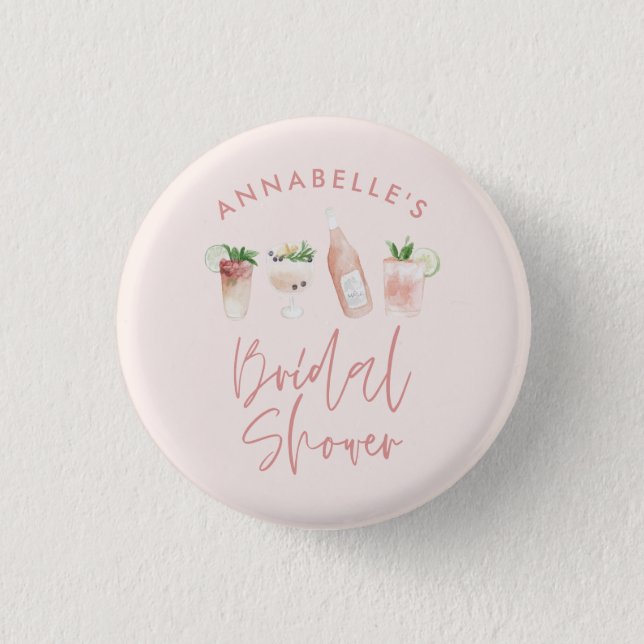 Pink girly modern cocktail script bridal shower 3 cm round badge (Front)