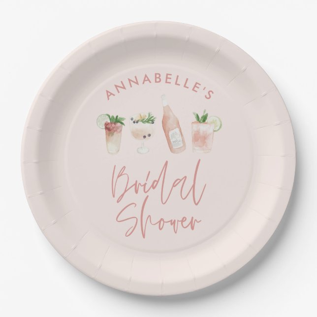 Pink girly modern cocktail script bridal shower paper plate (Front)