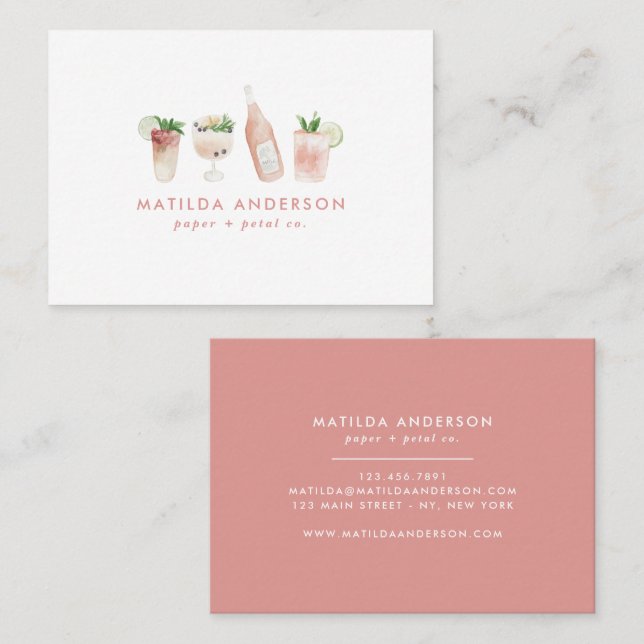 Pink girly modern drinks cocktail wine watercolor business card (Front/Back)