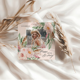 Pink girly modern elegant boho floral photo invitation