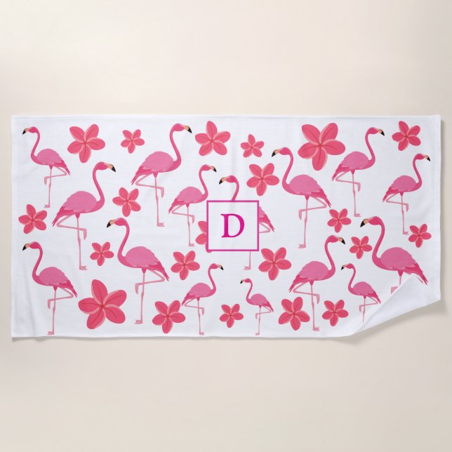 Pink girly monogram flamingo pattern beach towel (Front)