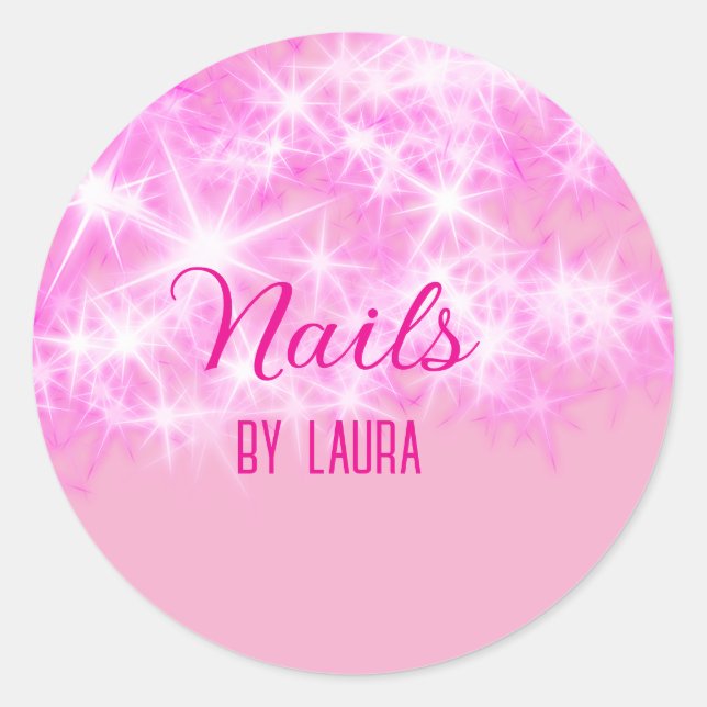 Pink girly pastel glitter nails add name website q classic round sticker (Front)