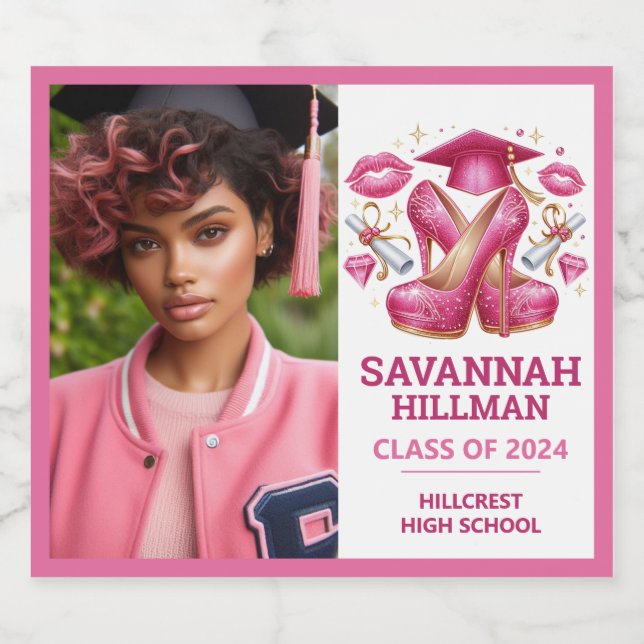Pink Girly Photo Custom Luxury Graduation  Sparkling Wine Label (Single Label)