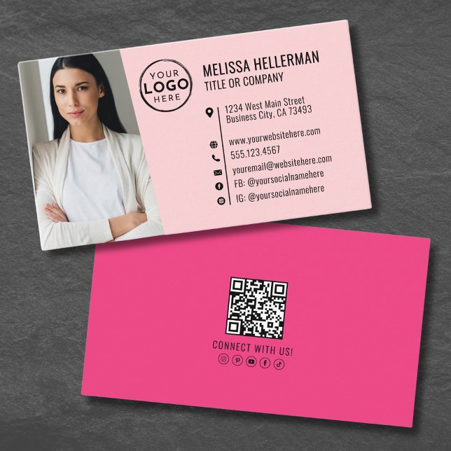 Pink Girly QR Code Photo Logo Business Card (Girly Pink QR Code Photo Logo Business Card )