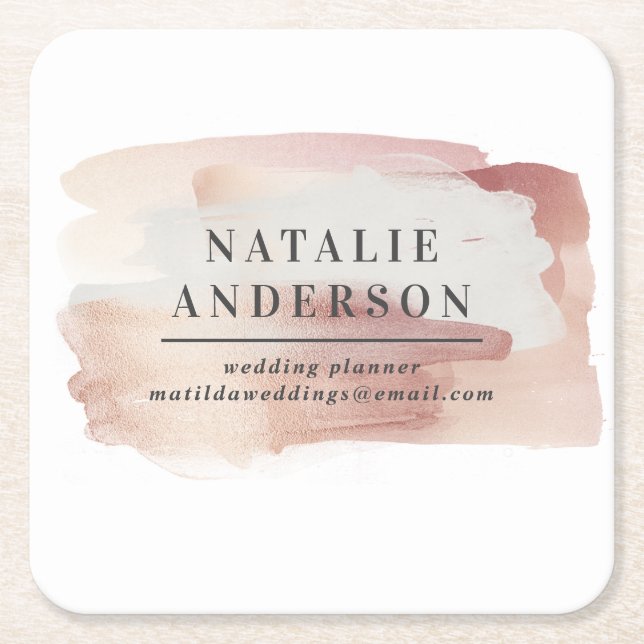 Pink girly rose gold modern stylish square paper coaster (Front)