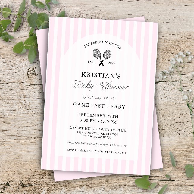 Pink Girly Tennis Country Club Baby Shower Party Invitation (Pink tennis theme game set baby preppy pin stripe elegant country club baby shower invitations)