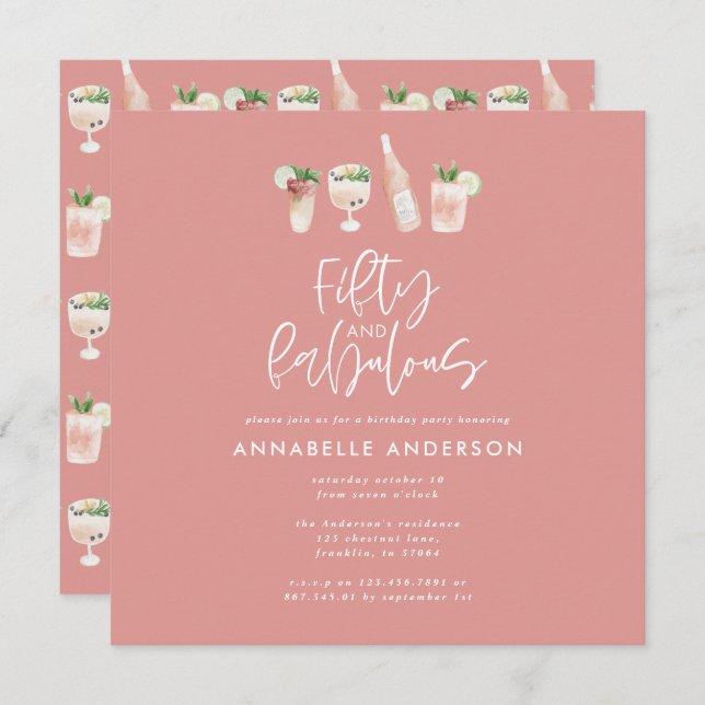Pink girly watercolor 50 and fabulous birthday inv invitation (Front/Back)