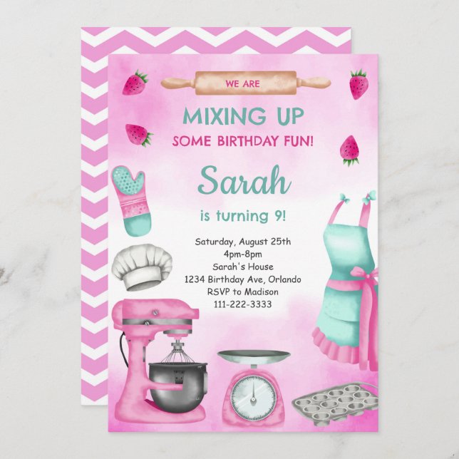 Pink Girly Watercolor Baking Birthday Invitation (Front/Back)