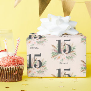 Pink girly watercolor floral age elegant birthday wrapping paper