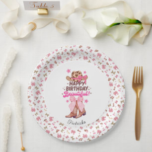 Pink Girly Western Cowgirl Happy Birthday Custom Paper Plate