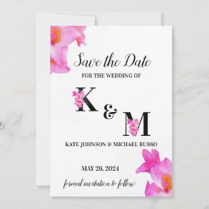 Pink Gladiolus Flower Watercolor Save The Date
