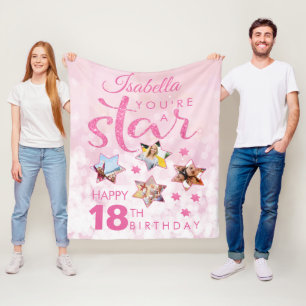 Pink Glam 18th Birthday Star Photo Collage Fleece Blanket