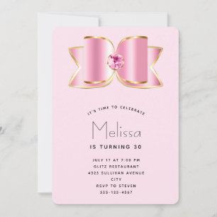 Pink Glam Bow with a Centre Gemstone Birthday Invitation