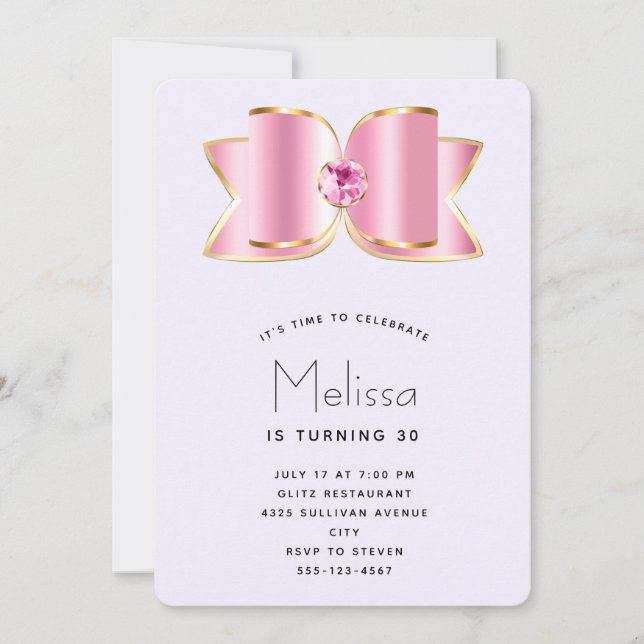 Pink Glam Bow with a Centre Gemstone Birthday Invitation (Front)
