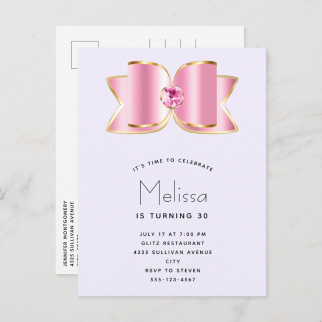 Pink Glam Bow with a Centre Gemstone Birthday Invitation Postcard (Front/Back)