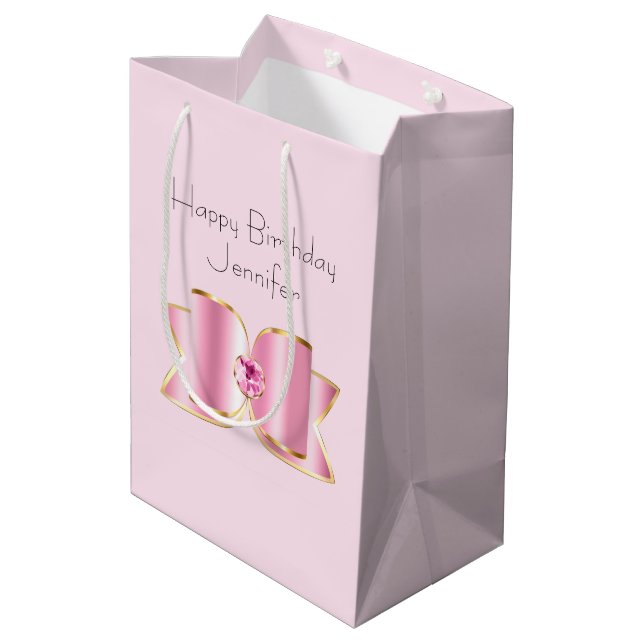 Pink Glam Bow with a Centre Gemstone Birthday Medium Gift Bag (Back Angled)