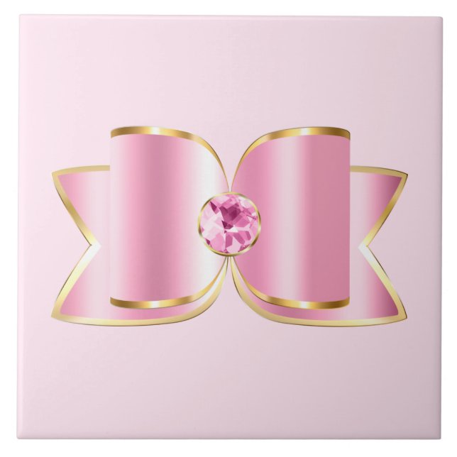 Pink Glam Bow with a Centre Gemstone Ceramic Tile (Front)