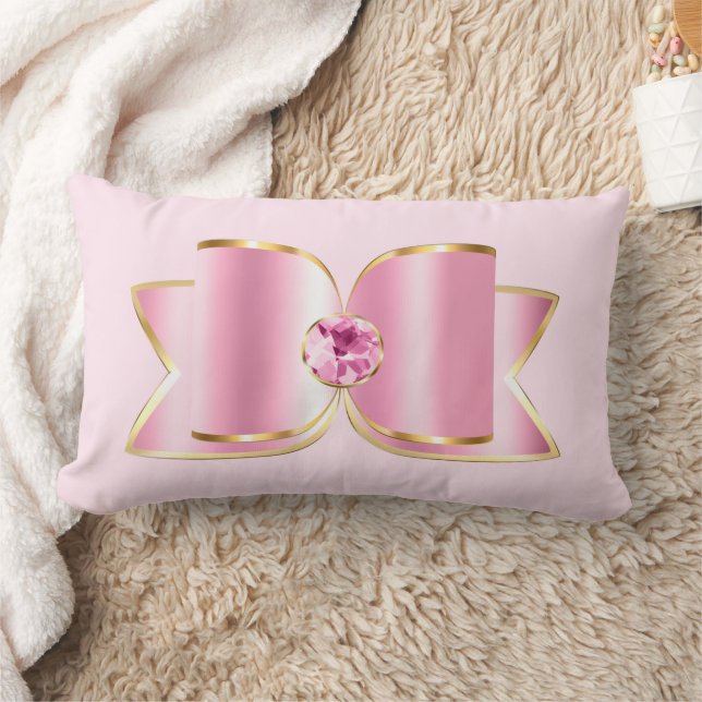 Pink Glam Bow with a Centre Gemstone Lumbar Cushion (Blanket)