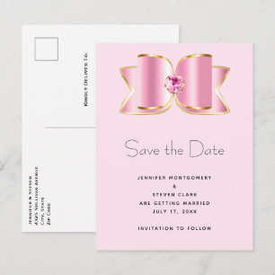 Pink Glam Bow with a Centre Gemstone Save the Date Invitation Postcard