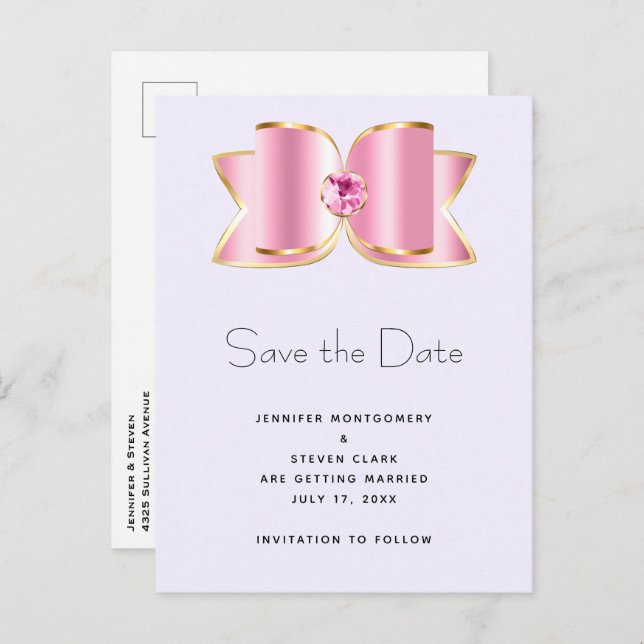 Pink Glam Bow with a Centre Gemstone Save the Date Invitation Postcard (Front/Back)