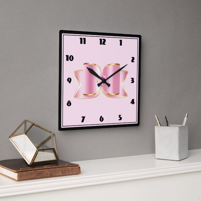 Pink Glam Bow with a Centre Gemstone Square Wall Clock (Office)