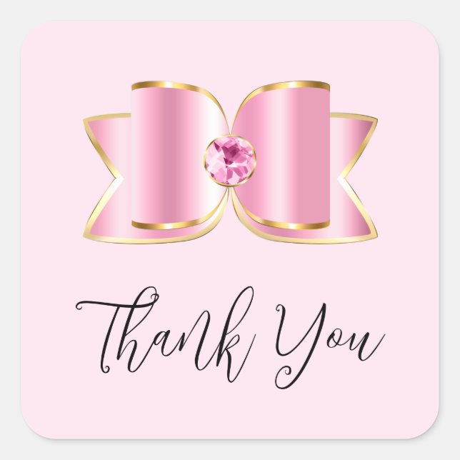 Pink Glam Bow with a Centre Gemstone Thank You Square Sticker (Front)