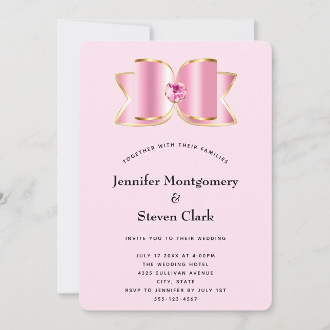 Pink Glam Bow with a Centre Gemstone Wedding Invitation (Front)