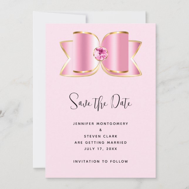 Pink Glam Bow with a Centre Gemstone Wedding Save The Date (Front)