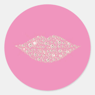 Pink Glam Diamond Lips Kiss Classic Round Sticker