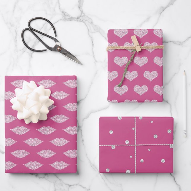 Pink Glam Diamonds Lips and Hearts Wrapping Paper Sheet (Front)