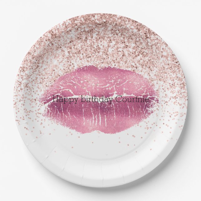 Pink Glam Glitz Glitter Lips Paper Plate (Front)
