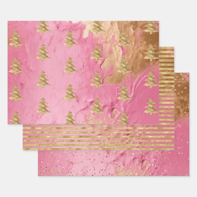 Pink Glam Gold Christmas Tree Stripes Sparkle     Wrapping Paper Sheet (Set)