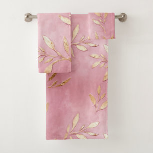 Pink Glam Gold Leaves Bath Towel Set