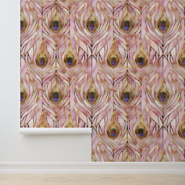 Pink Glam Gold Peacock Feathers Wallpaper (Application)