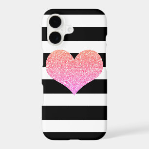 Pink Glam Heart Black/White Stripe iPhone 7 Case