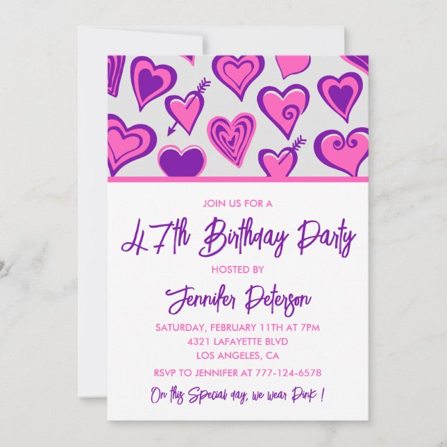 Pink Glam Heart Pattern 47th birthday invitations  (Front)