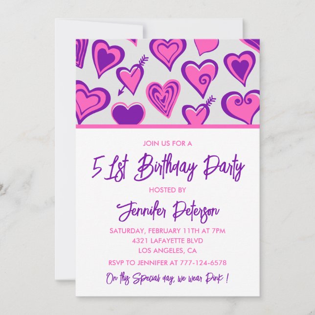 Pink Glam Heart Pattern 51st birthday invitations  (Front)