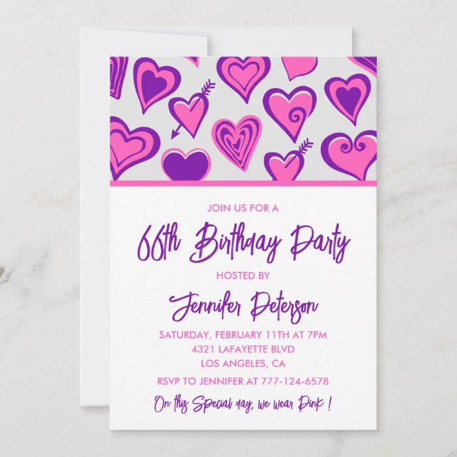 Pink Glam Heart Pattern 66th birthday invitations  (Front)