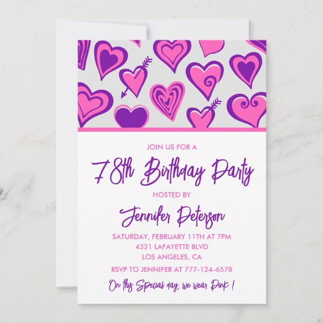 Pink Glam Heart Pattern 78th birthday invitations  (Front)
