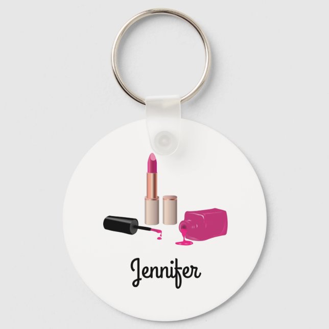 Pink Glam Lipstick & Nail Polish Beauty Themed Key Ring (Front)
