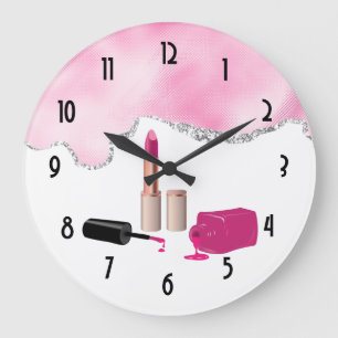 Pink Glam Lipstick & Nail Polish Beauty Themed Large Clock