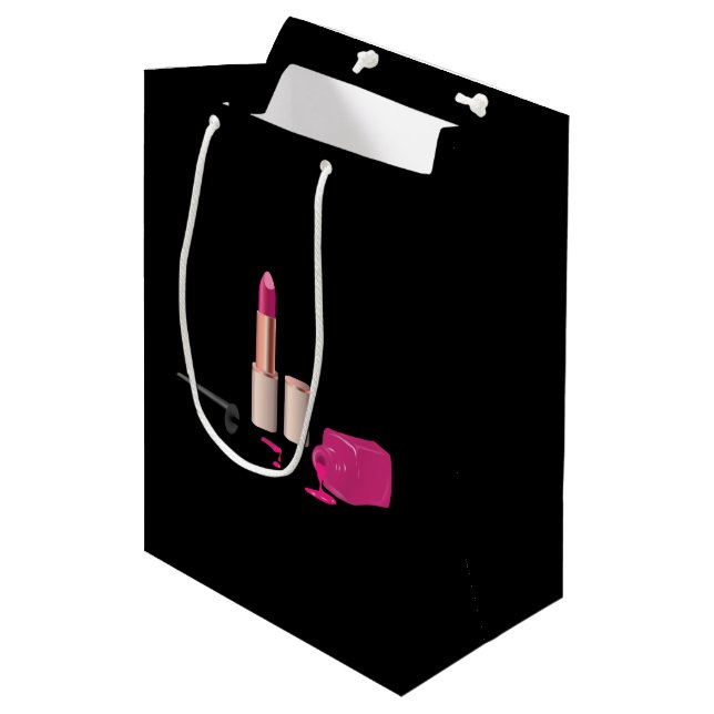 Pink Glam Lipstick & Nail Polish Beauty Themed Medium Gift Bag (Front Angled)